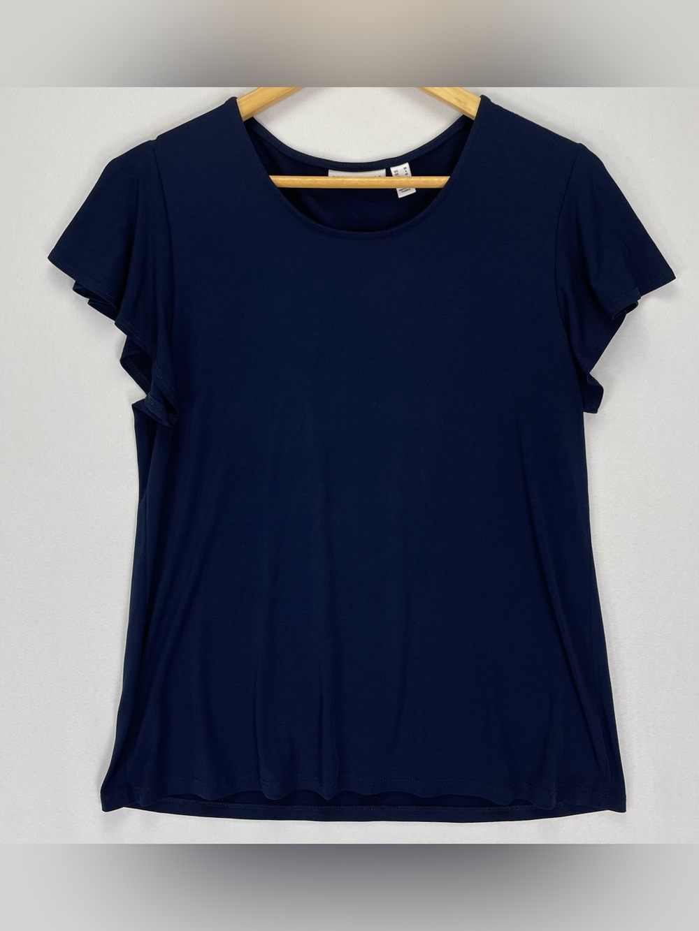 Susan Graver Top Womens M Navy Blue Round Neck Short Flutter Sleeve Stretch Knit